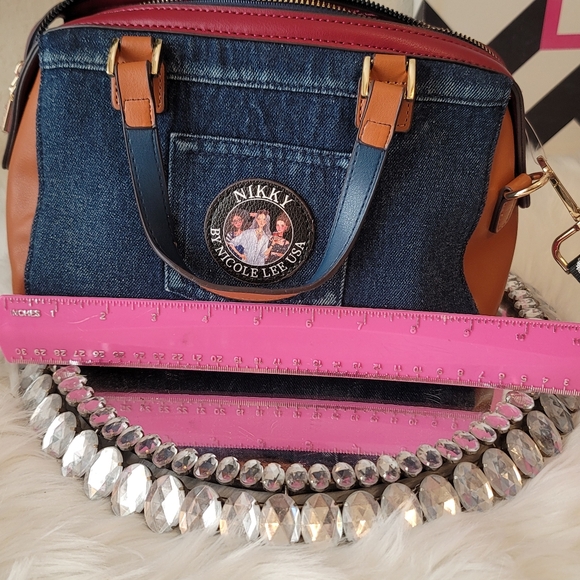 Nikky By Nicole Lee Print Denim Bag Adjustable Removable Strap Crystal Multi Col - Picture 9 of 16